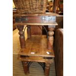 TWO MEXICAN IMPORTED WOODEN SIDE TABLES with decorative metal features