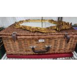 A WOVEN WICKER WORK PICNIC BASKET plus contents, together a boxed silver plate tray, and a gilt