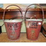 TWO RED PAINTED ORIGINAL GEORGE V BRANDED FIRE BUCKETS, one with lid, both with wall hanging bracket