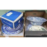 TWO BOXES CONTAINING PREDOMINANTLY BLUE & WHITE TRANSFER DECORATED PLATES, together with a boxed