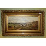 F. WATERS AN OIL ON BOARD STUDY OF A SHEPHERD AND HIS FLOCK with view to distant village, signed and