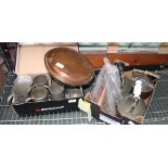 TWO BOXES OF DOMESTIC METALWARES VARIOUS together with a copper headed warming pan