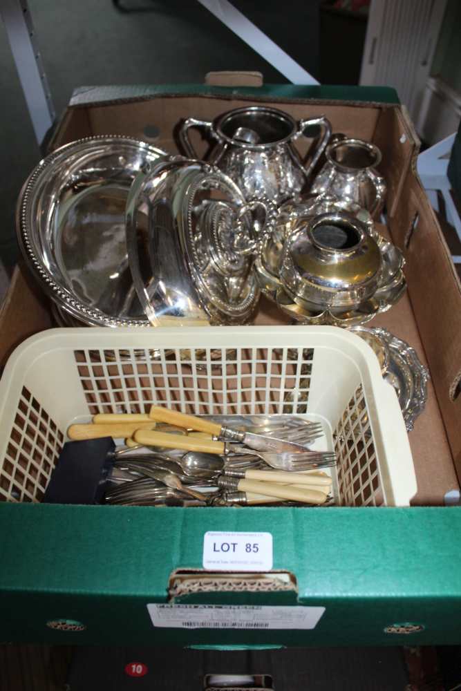 A BOX OF DOMESTIC METALWARES VARIOUS the majority silver plated and for the table top