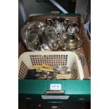 A BOX OF DOMESTIC METALWARES VARIOUS the majority silver plated and for the table top