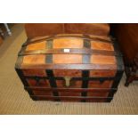 A METAL BOUND STAVED DOME TOP "TREASURE CHEST"