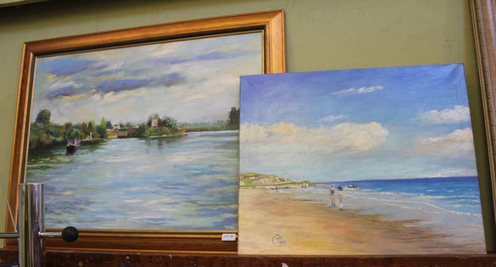 TWO ORIGINAL OIL ON CANVAS BY "PONZI" one depicting a lock and a weir on an inland waterway, the