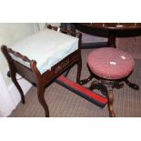 TWO PAD TOP PIANO STOOLS, one rectangular box top, the other circular on carved column base