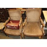 A PAIR OF REPRODUCTION BIEDERMEIER DESIGN SHOW WOOD FRAMED ARMCHAIRS, with trellis patterned back,