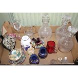 A BOX CONTAINING A SELECTION OF DOMESTIC CHINA & GLASS WARES including a trio of cut decanters &