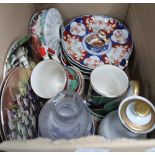 A BOX FULL OF DOMESTIC POTTERY to include; scallop Imari dishes, Crown Derby duck paperweight, glass