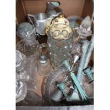 A BOX CONTAINING AN ALUMINIUM PICQUOT WARE TEA SET decanters & stoppers, verdigris patinated