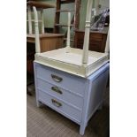 A BLUE PAINTED THREE DRAWER CHEST together with an ivory white painted square topped table