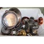 A BOX CONTAINING A SELECTION OF DOMESTIC METALWARES VARIOUS, both English and Ethnic in origin