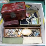 A BOX CONTAINING A GOOD SELECTION OF COSTUME JEWELLERY, LACQUER BOXES ETC.