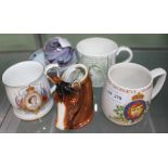 A SELECTION OF COMMEMORATIVE TANKARDS, continental porcelain and a signed glass paperweight