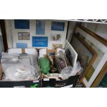 TWO BOXES OF DECORATIVE DOMESTIC MISCELLANIA together with prints and photo frames