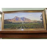 AN OIL ON CANVAS STUDY OF A SOUTH AFRICAN VINEYARD by Errol Norbury, in textured gilt frame