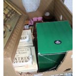A BOX CONTAINING A SELECTION OF DOMESTIC COLLECTABLES to include; doll's house furniture, Beatrix