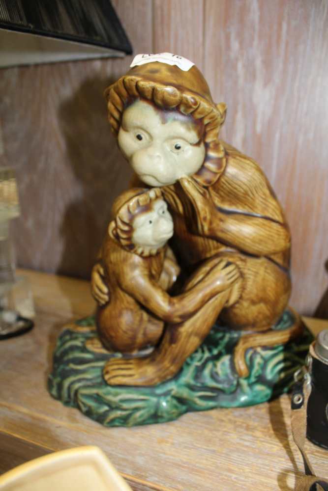 A PAINTED ORIENTAL CAST POTTERY FIGURE OF A MONKEY AND HER CHILD