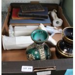 A BOX CONTAINING SPANISH PORCELAIN DESIGN FIGURINES, two vases, and small selection of printed books