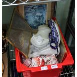 A RED CRATE CONTAINING A SELECTION OF DOMESTIC & COLLECTABLE ITEMS to include; blue & white