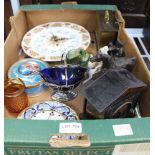 A BOX CONTAINING A SELECTION OF DOMESTIC COLLECTABLES to include; model horses, clocks etc.