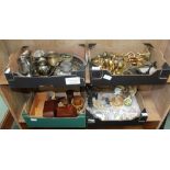 FOUR SMALL BOXES OF DOMESTIC COLLECTABLES metal, glass, ceramic and wooden wares
