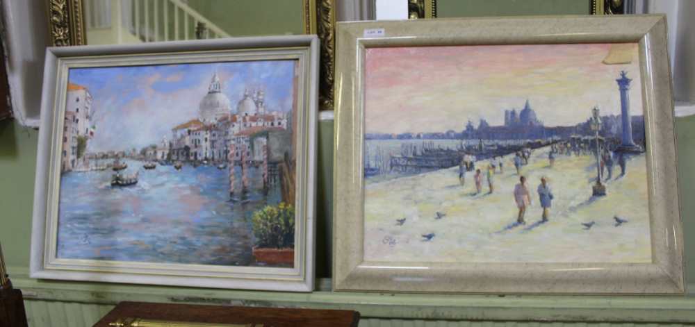 "PONZI" TWO OIL PAINTINGS OF VENICE, one on canvas, one on board, each decoratively framed,