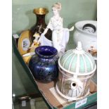 A BOX OF COLLECTABLE DOMESTIC ITEMS to include; cloisonne vase, female figurines, National Trust