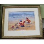 DOREEN LANGHORN A PASTEL STUDY OF TWO CHILDREN PLAYING ON A SANDY BEACH,