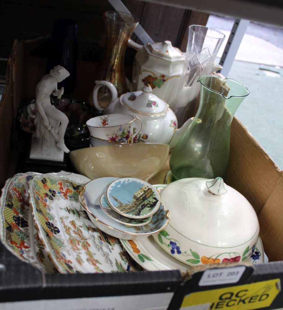 A BOX CONTAINING A SELECTION OF DECORATIVE DOMESTIC ITEMS to include a Parian ware model of Mercury