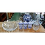 A SMALL SELECTION OF BLUE & WHITE DECORATED POTTERY together with three cut glass items