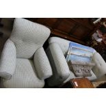 A LATE 19TH CENTURY TWO PIECE LOUNGE SUITE having later blue & white trellis upholstery, comprising;