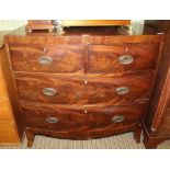 A 19TH CENTURY MAHOGANY SMALL SIZED BOW FRONT CHEST OF FOUR DRAWERS on splayed bracket feet