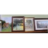 TWO LARGE DECORATIVE FRAMED COLOURED PRINTS, one farmyard scene, one cricketing, together with TWO