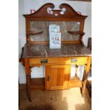 A LATE 19TH CENTURY SATINWOOD WASHSTAND with rouge marble insert splashback and top, having twin