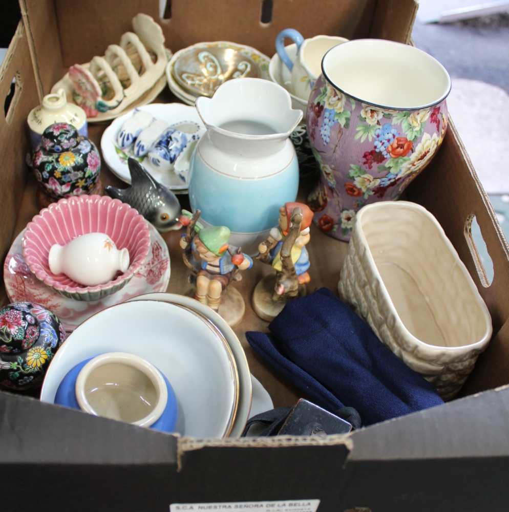 A BOX FULL OF COLLECTABLE & DOMESTIC CHINA WARES to include; pair of Hummel figures, a pair of