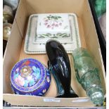 A BOX CONTAINING A SELECTION OF DOMESTIC ITEMS to include; Poole pottery leaping dolphin,