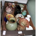 A BOX CONTAINING A SELECTION OF VASES AND JUGS VARIOUS, in pottery, porcelain and glassware