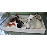 A SMALL BOX CONTAINING A ROYAL CROWN DERBY VESSEL, a selection of pottery animals to include Doulton