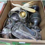 A BOX OF PREDOMINANTLY DOMESTIC METALWARES the majority silver plate