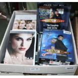A BOX CONTAINING A SELECTION OF PRE-RECORDED DVDS VARIOUS
