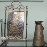 A PRESSED BRASS ART NOUVEAU DESIGN JUG together with a TABLE GONG with beater
