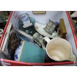 A BOX CONTAINING A SELECTION OF USEFUL DOMESTIC & COLLECTABLE ITEMS, pottery, glassware etc.