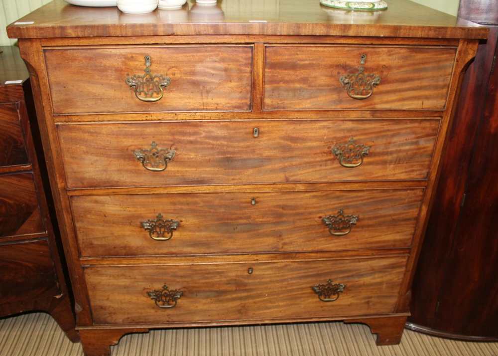 A LATE 19TH CENTURY MAHOGANY CHEST OF FIVE DRAWERS having plain rectangular top, over two inline and