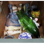 A BOX OF DOMESTIC ITEMS VARIOUS to include; vases, a pair of turned onyx pots, Art Deco blue glass