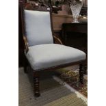 AN EARLY 20TH CENTURY SHOW WOOD FRAMED NURSING TYPE CHAIR, with duck egg blue upholstered back &