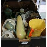 A BOX CONTAINING A SELECTION OF DOMESTIC COLLECTABLES to include two Royal Doulton harvest jugs, one
