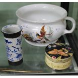 A POTTERY CHAMBER POT together with an Oriental blue & white crackle glazed cylinder vase and a hand