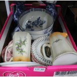 A BOX OF DOMESTIC POTTERY to include; pair of blue & white decorated vases, a pair of blue & white
